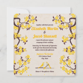 Golden Yellow Sakura und Love Birds Wedding Einladung