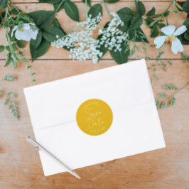 Golden Yellow Stylisierte Hochzeit retten das Datu Runder Aufkleber