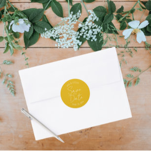 Golden Yellow Stylisierte Hochzeit retten das Datu Runder Aufkleber