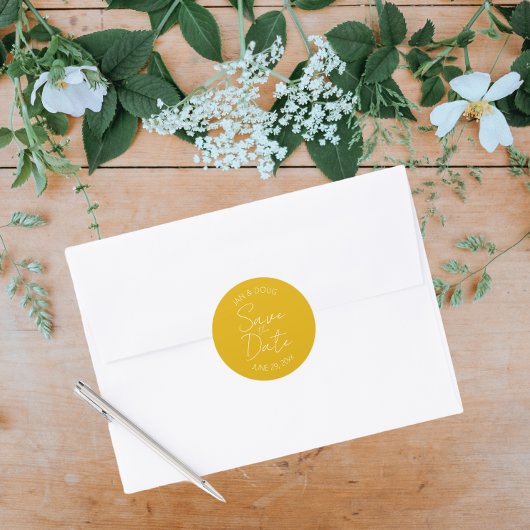 Golden Yellow Stylisierte Hochzeit retten das Datu Runder Aufkleber