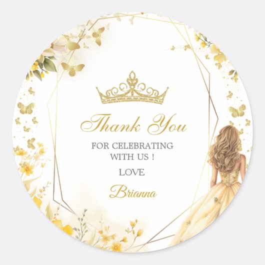 Golden Yellow Tiara Floral Quinceañera Thank You Runder Aufkleber (Vorderseite)
