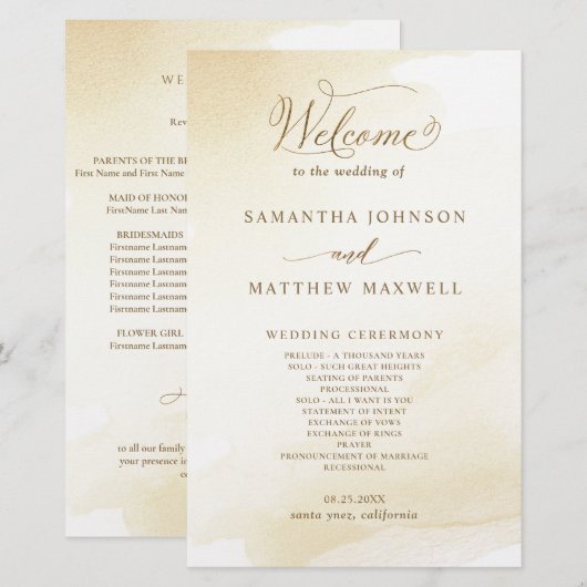 Golden Yellow Wash, Calligrafy Wedding Program (Vorne/Hinten)