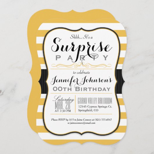 Golden Yellow & White Stripes Überraschendes Party Einladung (Vorne/Hinten)