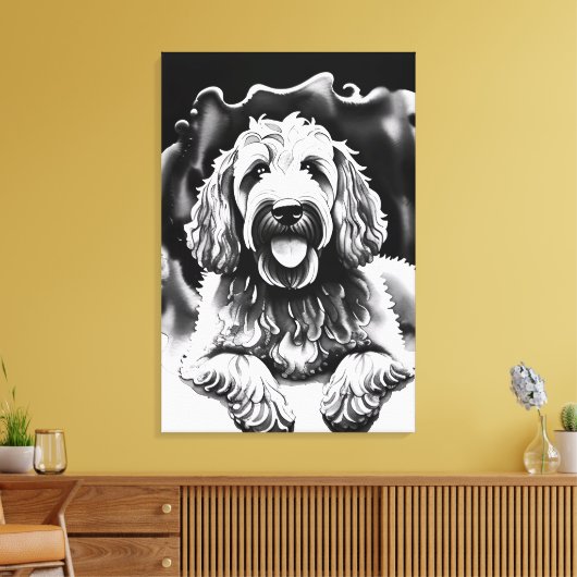 Goldendoodle Art Schwarz-weiß Sketch "Happy Dog" Leinwanddruck (Insitu (Wohnzimmer))
