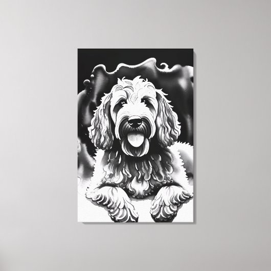 Goldendoodle Art Schwarz-weiß Sketch "Happy Dog" Leinwanddruck (Vorderseite)