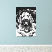 Goldendoodle Art Schwarz-weiß Sketch "Happy Dog" Leinwanddruck (Insitu (Holzboden))