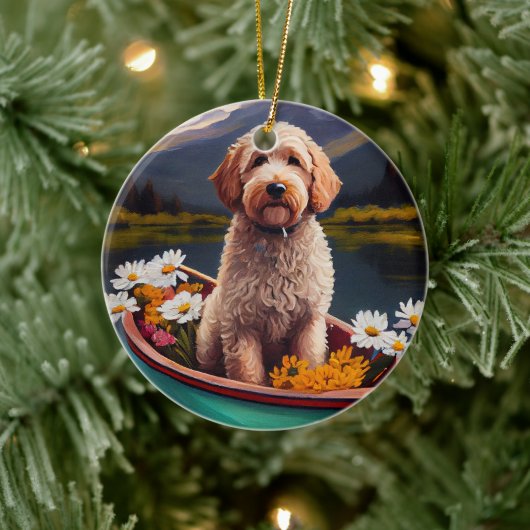 Goldendoodle auf dem Paddle: Ein Landschaftliches  Keramik Ornament (Baum)