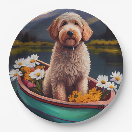 Goldendoodle auf dem Paddle: Ein Landschaftliches Pappteller (Vorderseite)