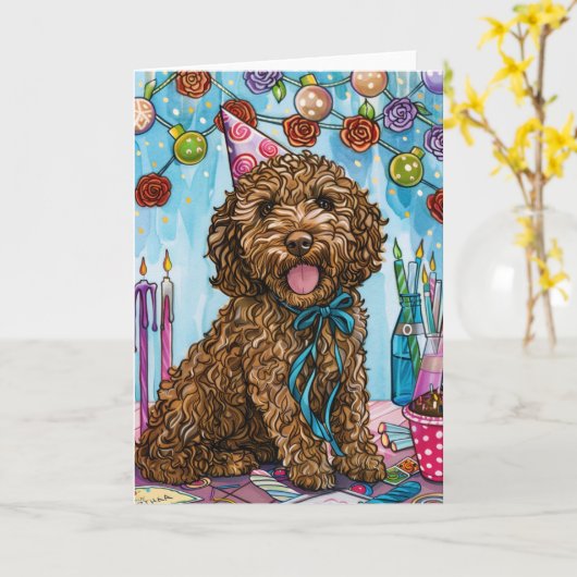 Goldendoodle Birthday Karte (Gelbe Blume)