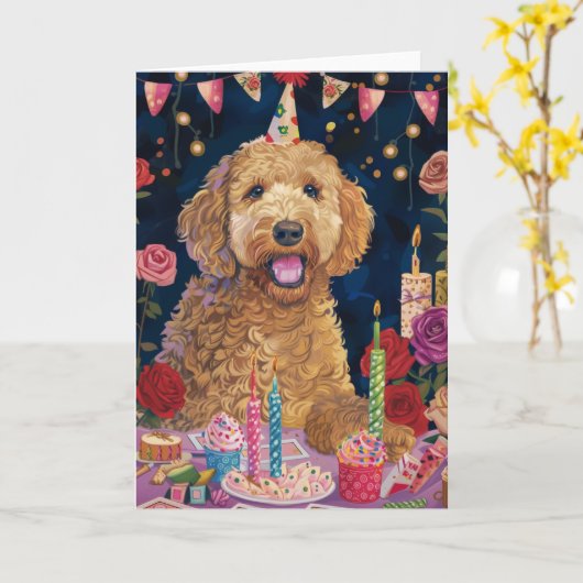 Goldendoodle Birthday Karte (Gelbe Blume)