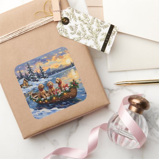 Goldendoodle Christmas Boat Holiday Quadratischer Aufkleber (Schenken)