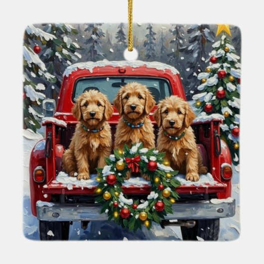 Goldendoodle Christmas Red Truck Holiday Keramikornament (Rückseite)