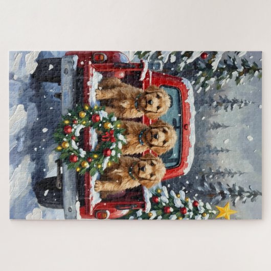 Goldendoodle Christmas Red Truck Holiday Puzzle (Horizontal)