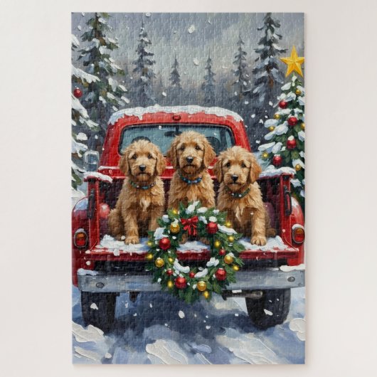 Goldendoodle Christmas Red Truck Holiday Puzzle (Vertikal)