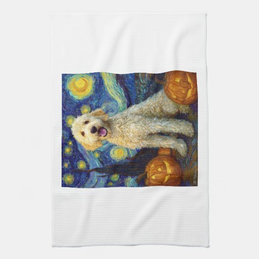 Goldendoodle Cute Dog Halloween Jack O Lantern Pum Geschirrtuch (Vertikal)