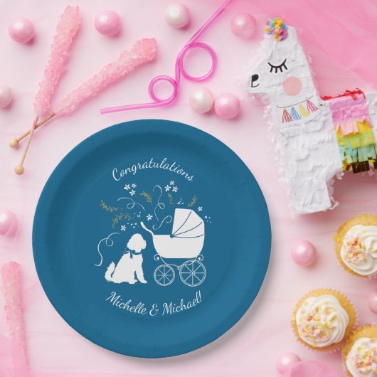 Goldendoodle Dog Baby Shower Boy Blue Pappteller (Party)
