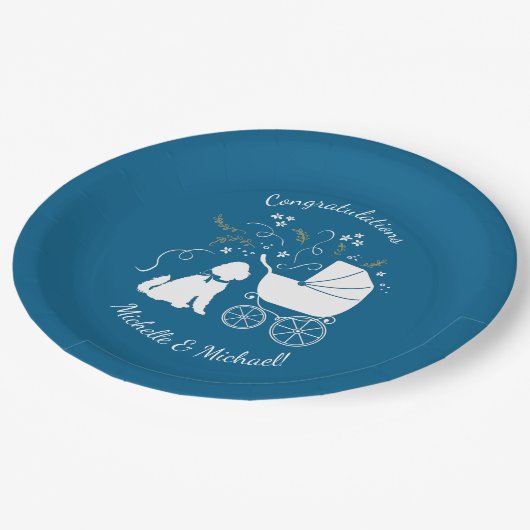 Goldendoodle Dog Baby Shower Boy Blue Pappteller (Schrägansicht)