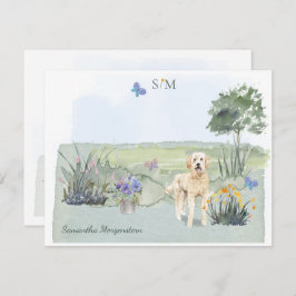Goldendoodle Dog Butterfly Monogramm und Name Mitteilungskarte