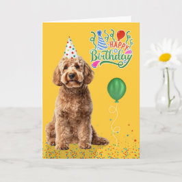 Goldendoodle Dog in a Party Hat on Yellow Birthday Karte