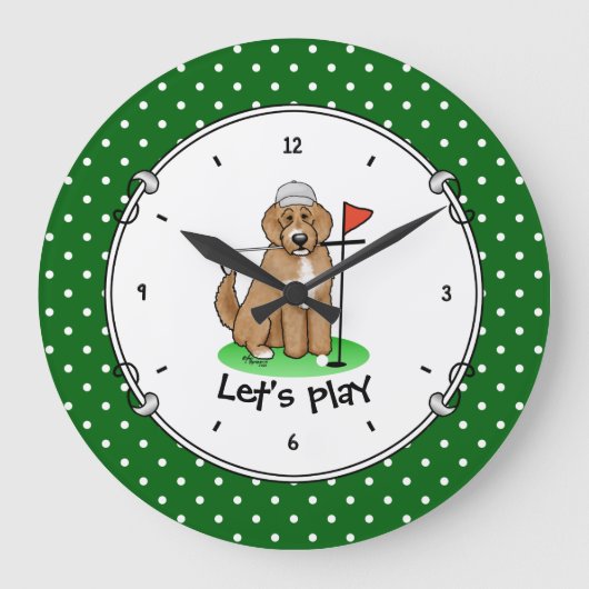 Goldendoodle Dog Playing Golf (Red whmk2) Niedlich Große Wanduhr (Vorderseite)