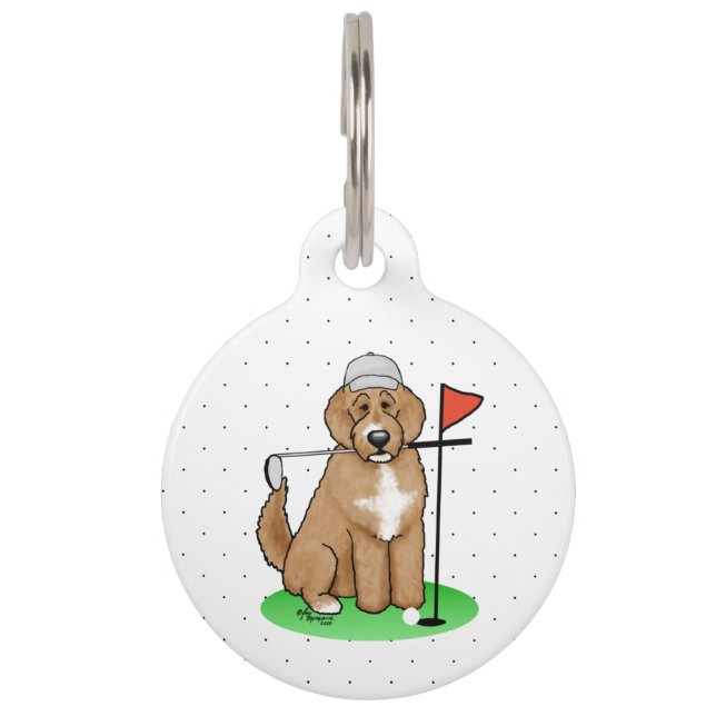 Goldendoodle Dog Playing Golf (Red whmk2) Niedlich Haustiermarke (Vorderseite)