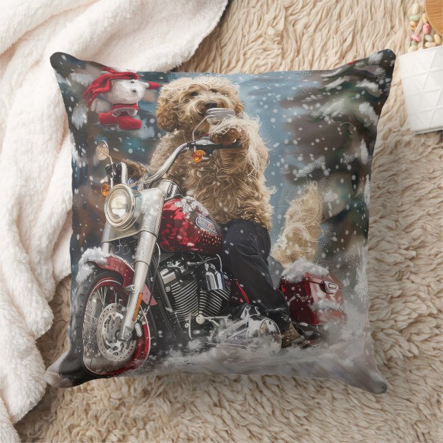 Goldendoodle Dog Riding Motorrad Weihnachten Kissen (Decke)
