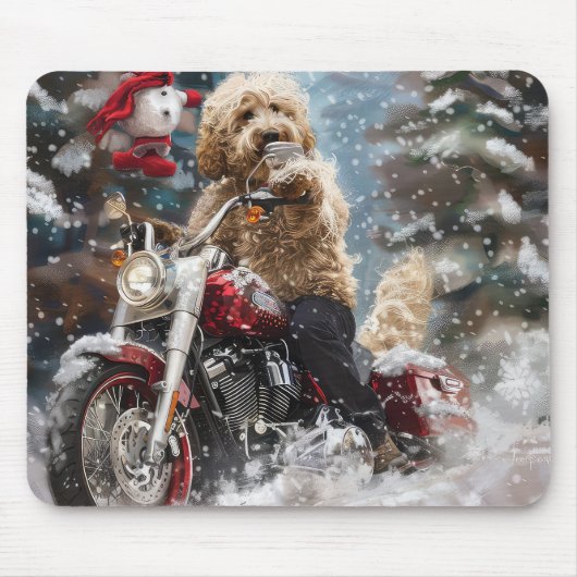 Goldendoodle Dog Riding Motorrad Weihnachten Mousepad (Vorne)