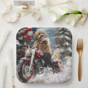 Goldendoodle Dog Riding Motorrad Weihnachten Pappteller