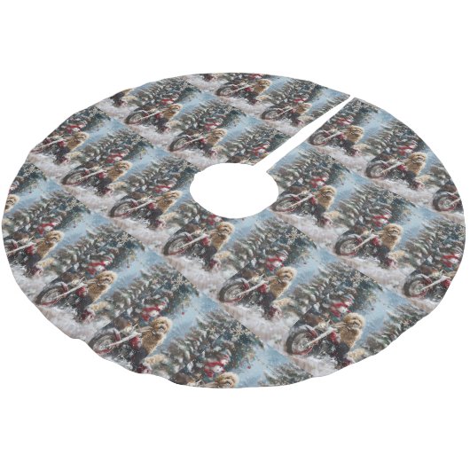 Goldendoodle Dog Riding Motorrad Weihnachten Polyester Weihnachtsbaumdecke (Schrägansicht)