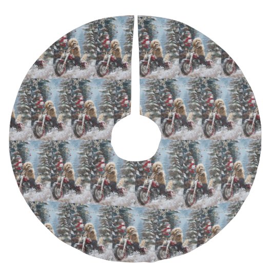 Goldendoodle Dog Riding Motorrad Weihnachten Polyester Weihnachtsbaumdecke (Vorderseite)