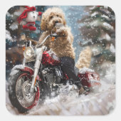 Goldendoodle Dog Riding Motorrad Weihnachten Quadratischer Aufkleber (Vorderseite)
