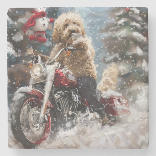 Goldendoodle Dog Riding Motorrad Weihnachten Steinuntersetzer (Vorderseite)