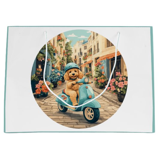 Goldendoodle Dog Riding Scooter European Streets Große Geschenktüte (Vorderseite)