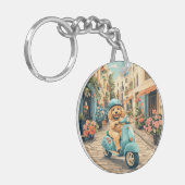 Goldendoodle Dog Riding Scooter European Streets Schlüsselanhänger (Vorderseite links)
