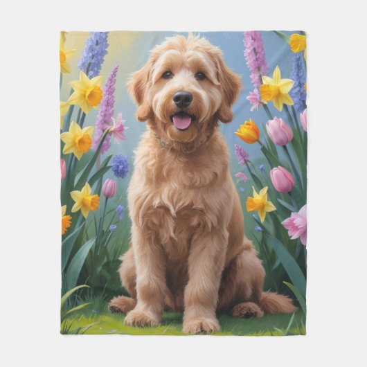 Goldendoodle Dog Spring Blumen Malerei Fleecedecke (Vorderseite)
