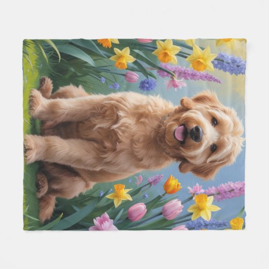 Goldendoodle Dog Spring Blumen Malerei Fleecedecke (Vorderseite (Horizontal))