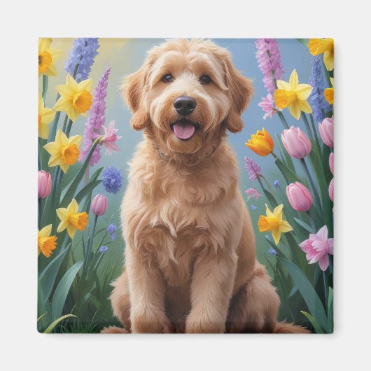 Goldendoodle Dog Spring Blumen Malerei Magnet (Vorne)
