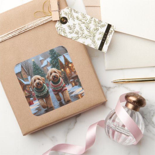 Goldendoodle Dogs Christmas Snow Holiday Quadratischer Aufkleber (Schenken)