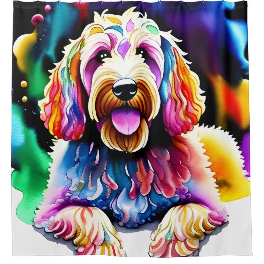 Goldendoodle Duschvorhang "Happy Dog" (Vorderseite)