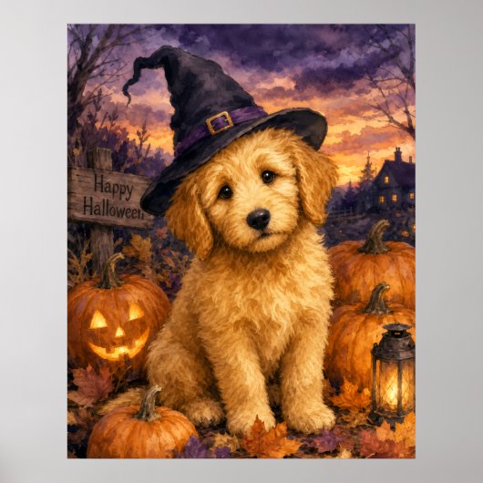 Goldendoodle Hexenhut Kürbis Poster (Vorne)
