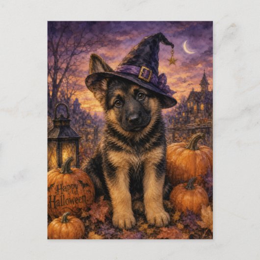 Goldendoodle Hexenhut Kürbis Postkarte (Vorderseite)