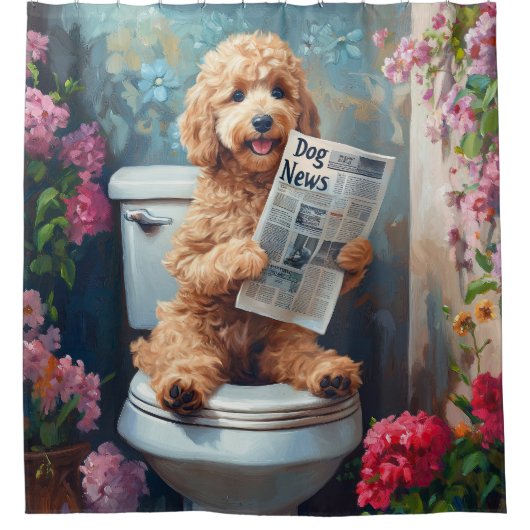 Goldendoodle Hund auf der Toilette Sonnenbad Duschvorhang (Vorderseite)