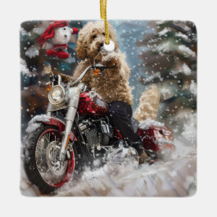Goldendoodle Hund fährt Motorrad Weihnachten  Keramikornament