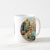 Goldendoodle-Hund fährt Roller durch europäische S Kaffeetasse (VorderseiteRechts)