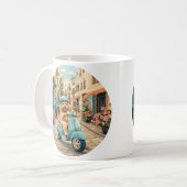 Goldendoodle-Hund fährt Roller durch europäische S Kaffeetasse (Vorderseite Links)