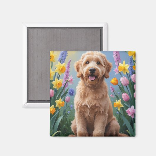 Goldendoodle-Hund-Frühlingsblumen-Gemälde Magnet (Vorderseite/Rückseite)