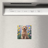 Goldendoodle-Hund-Frühlingsblumen-Gemälde Magnet (In Situ (Geschirrspüler))