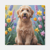 Goldendoodle-Hund-Frühlingsblumen-Gemälde Magnet (Vorne)