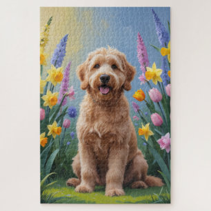 Goldendoodle-Hund-Frühlingsblumen-Malerei Puzzle