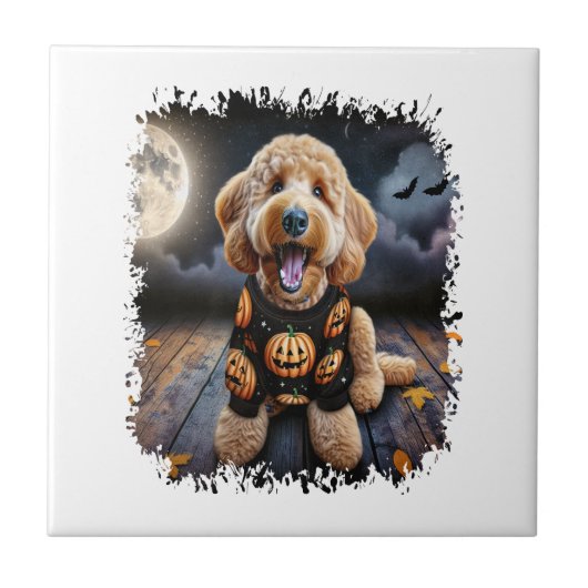 Goldendoodle Hund Halloween Fliese (Vorderseite)